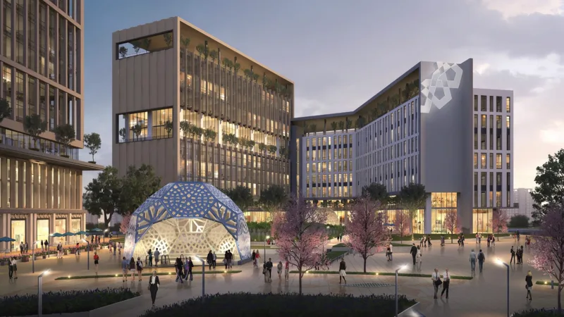 Fintech Zone kampüs renderı: kubbeli meydan